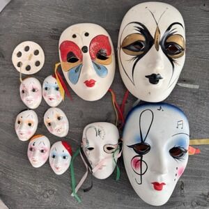 Vintage Ceramic Face Mask Lot 11 Harlequin Mardi Gras Wall Decor Musical Pierrot